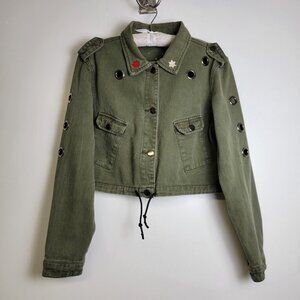 Army Green Good Vibes Studded Embroidered Denim Jacket Sz M